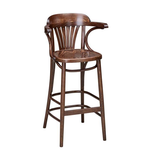 Fan Back Bentwood Bar Stool In Walnut Finish, Wood Seat