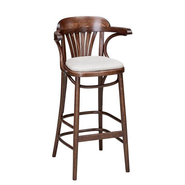 Fan Back Bentwood Bar Stool In Walnut Finish, Upholstered Seat