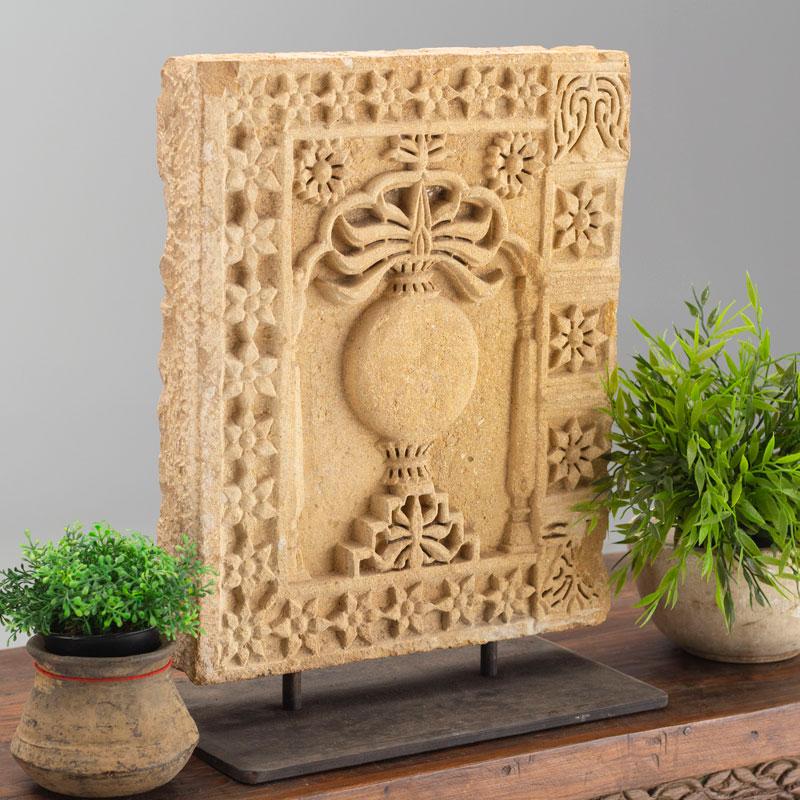 Carved Stone Panel on Iron stand