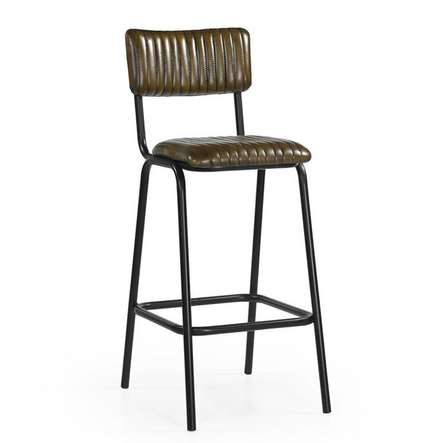 School Bar Stool In Leather, Vintage Olive Green