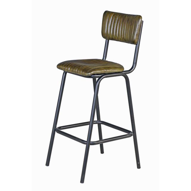 School Bar Stool In Leather, Vintage Olive Green